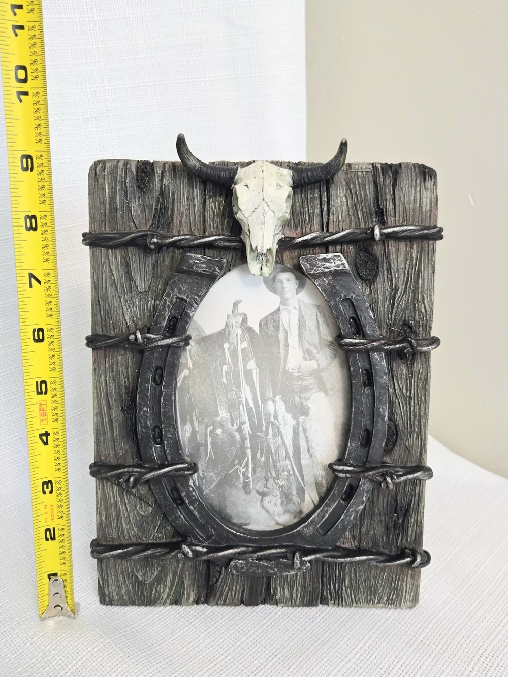 Good Luck Horseshoe Picture Frame Barb Wire Skull Rustic Weathered Look Western